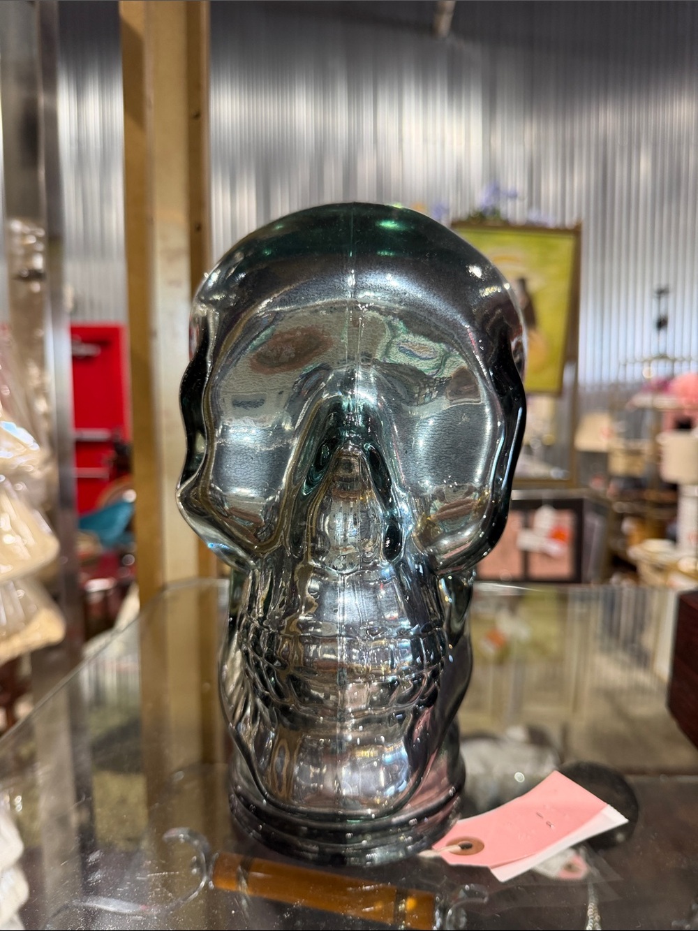 Decorative Glass Skull Sculpture - Metallic Gray